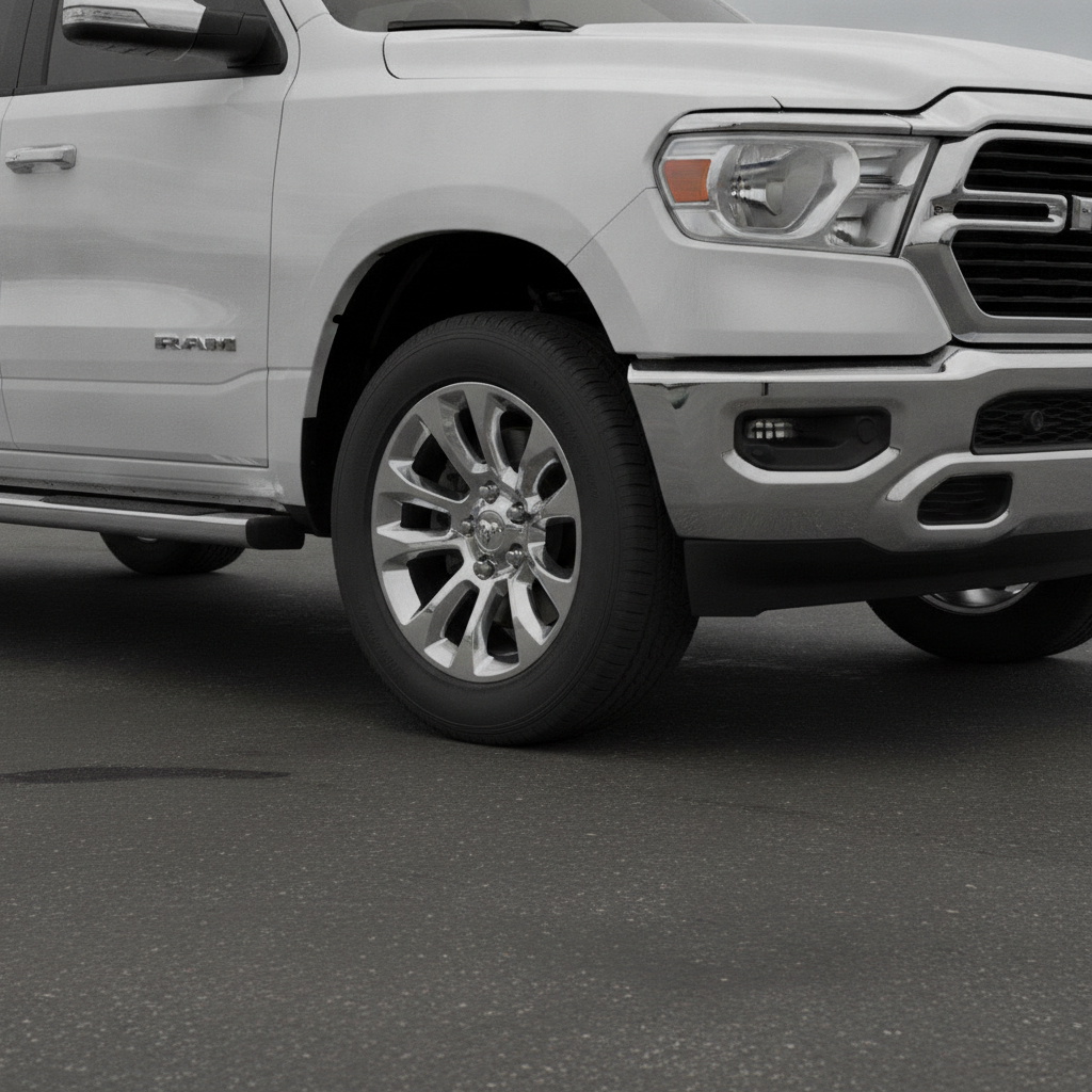 polished aluminum wheel, chrome side step and body colour bumper on a pickup