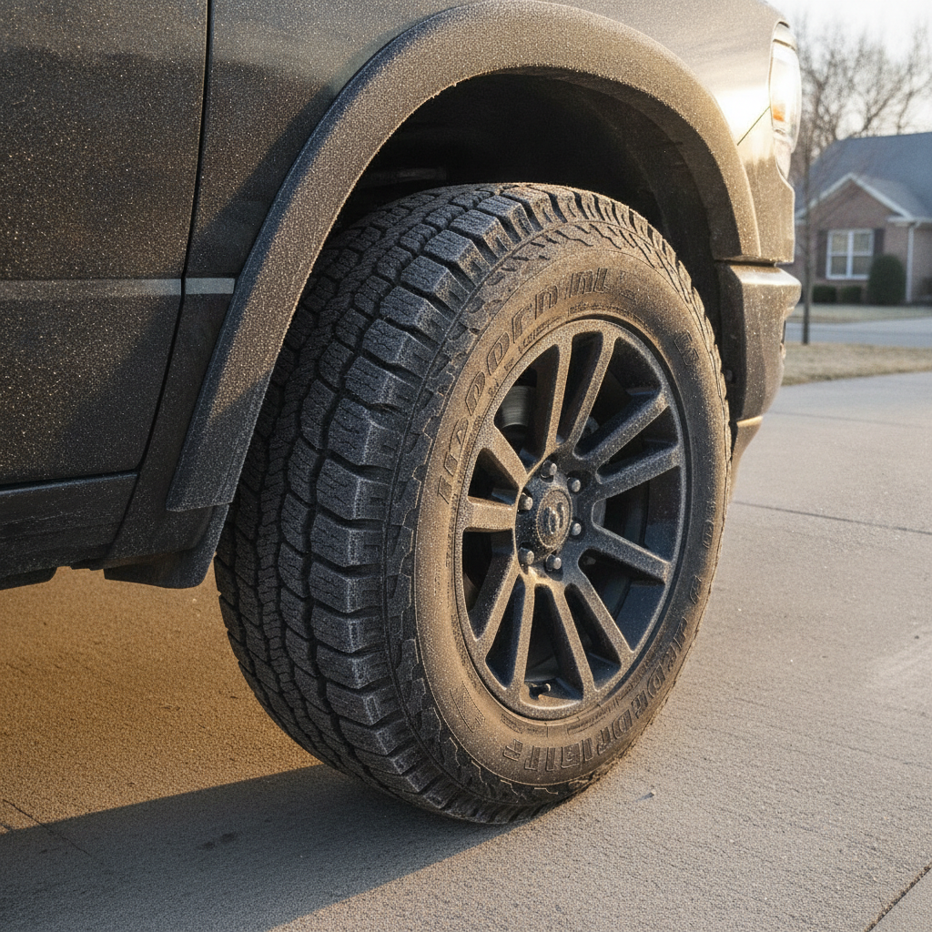 frost covered Ram 1500 tire and wheel in a driveway at dawn