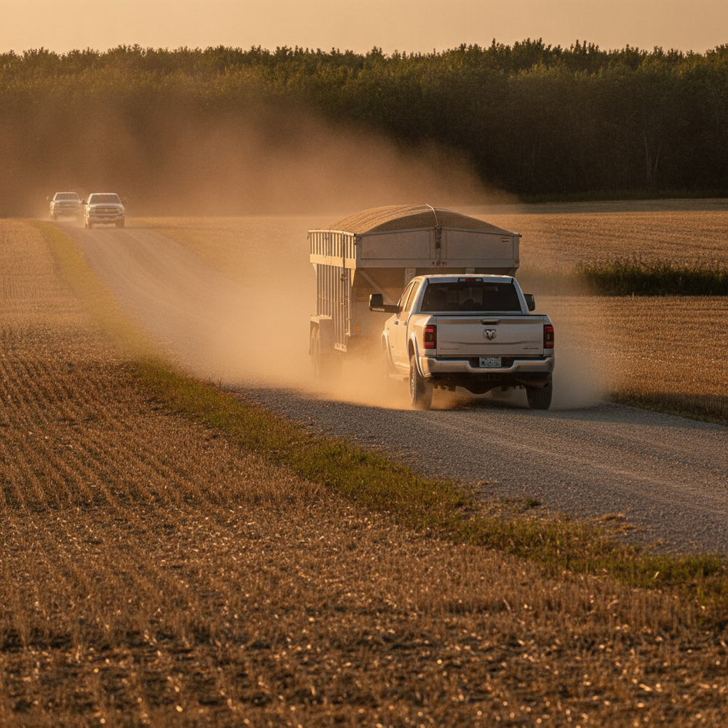 Ram heavy duty pickup pulling a grain trailer down a dusty gravel grade at harvest