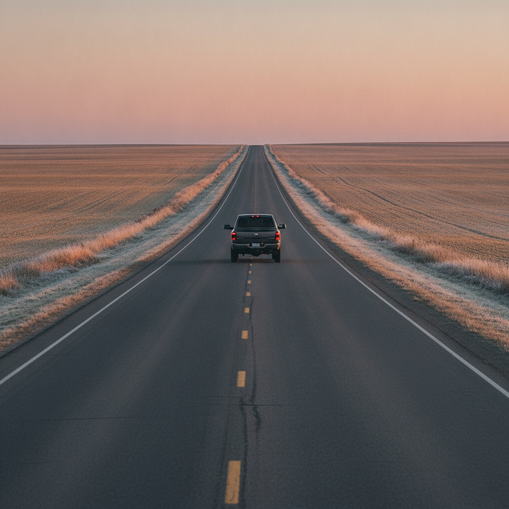 diesel pickup on a straight prairie highway at dawn, heading out for a highway run