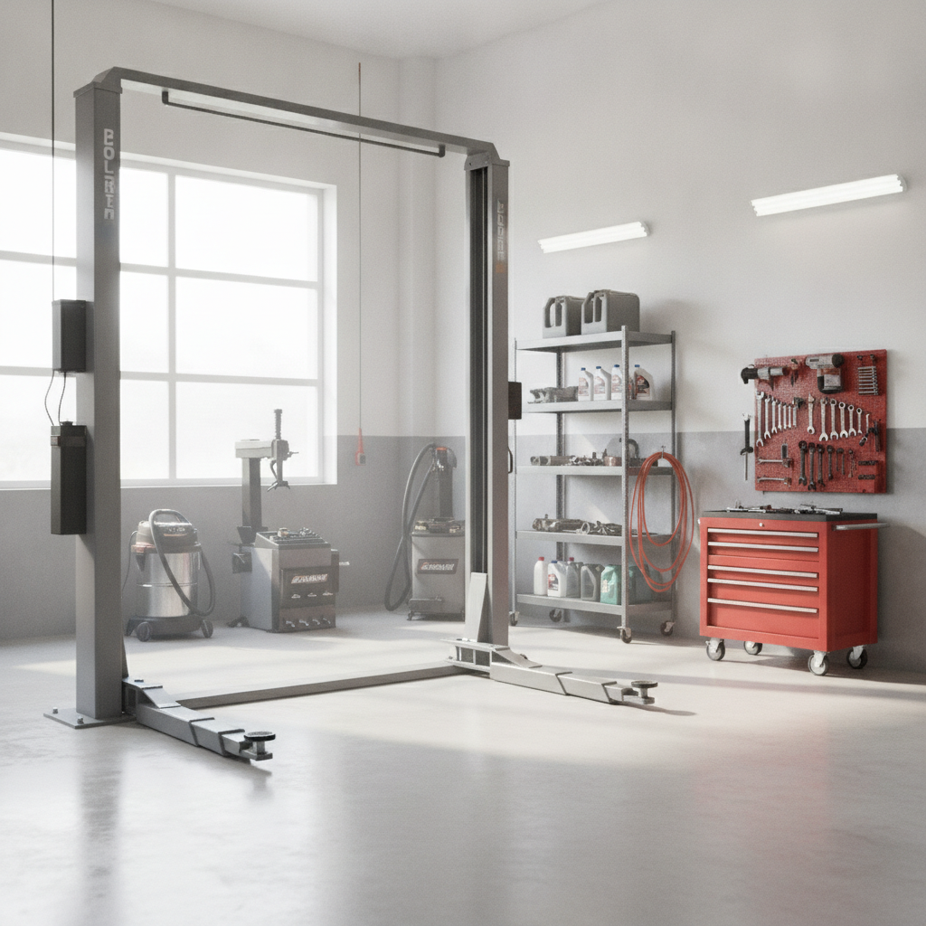 clean automotive service bay with an empty hoist raised and tool cart