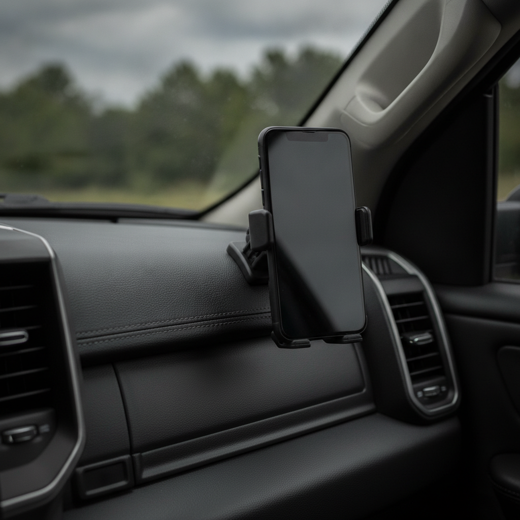 smartphone resting in a vehicle vent mount with the dashboard beyond