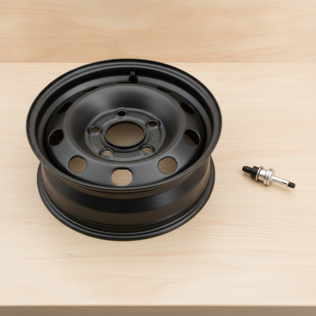 steel wheel on a workbench beside a tire pressure sensor and valve stem