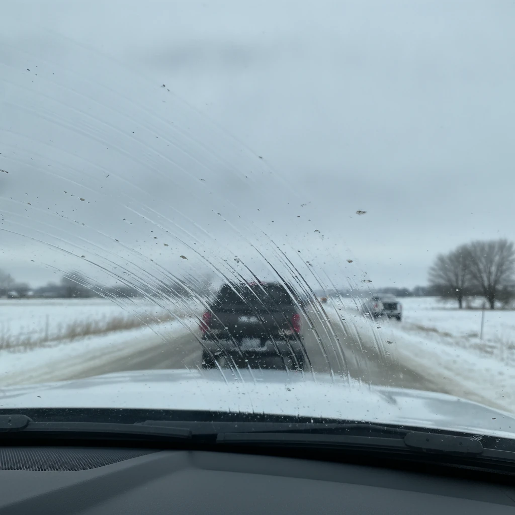 windshield streaked and smeared after a wiper pass in grey winter daylight