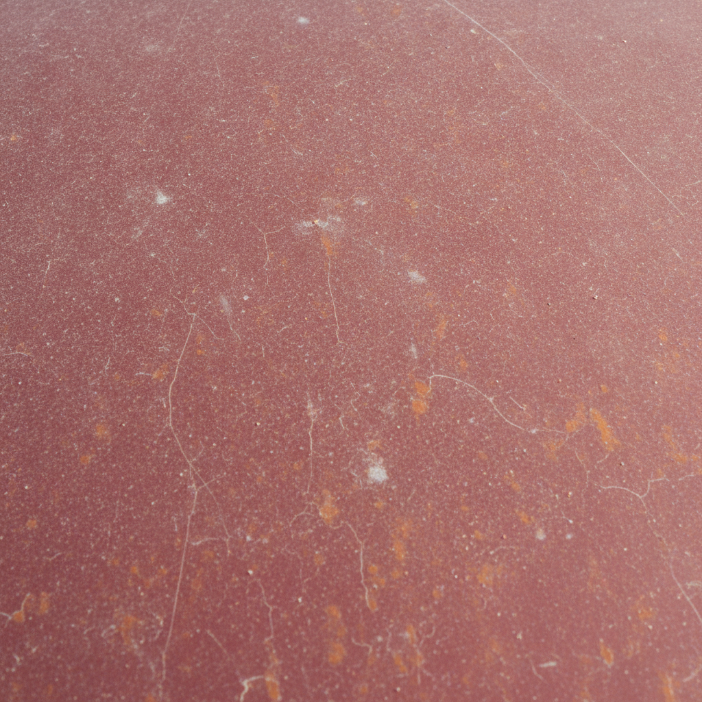 close up of a sun faded and lightly oxidized painted vehicle roof surface in flat daylight