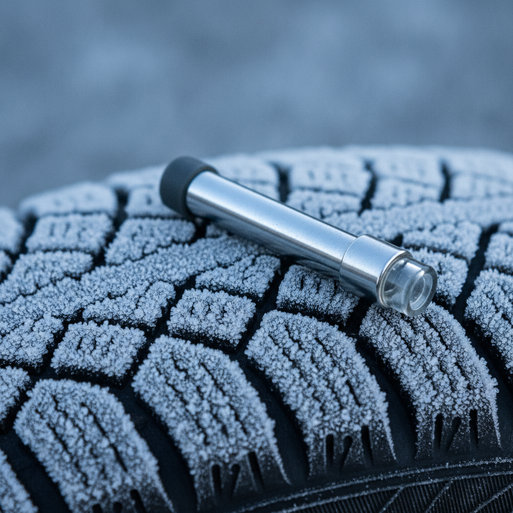 tire pressure gauge resting on a frosty winter tire tread on a cold morning