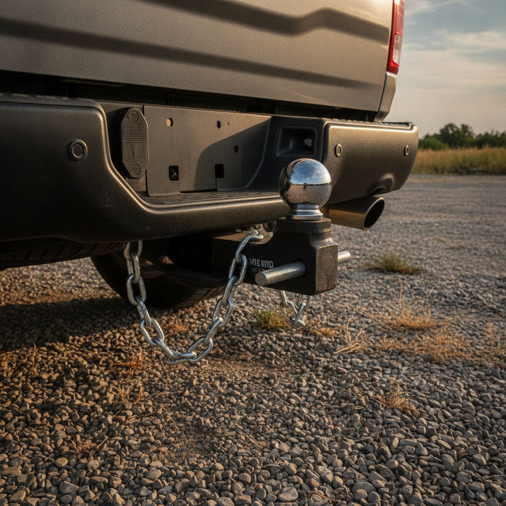 hitch ball mount pinned in the receiver of a pickup with safety chains hanging