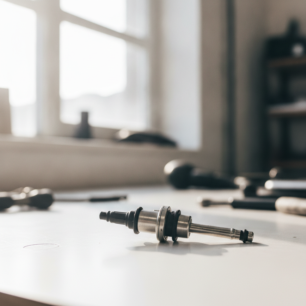 tire pressure monitoring sensor and valve stem on a workshop bench