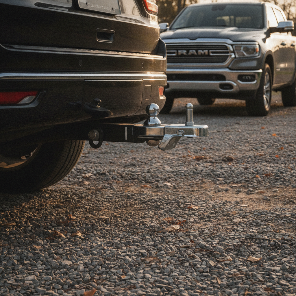 trailer hitch ball and coupler on a receiver hitch at the rear of a Jeep Grand Wagoneer