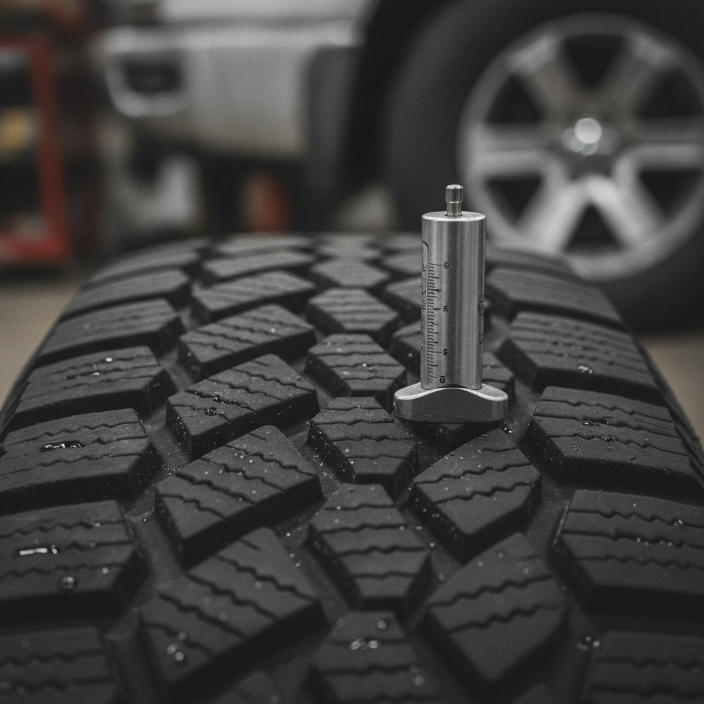 tread depth gauge standing in the groove of a winter tire