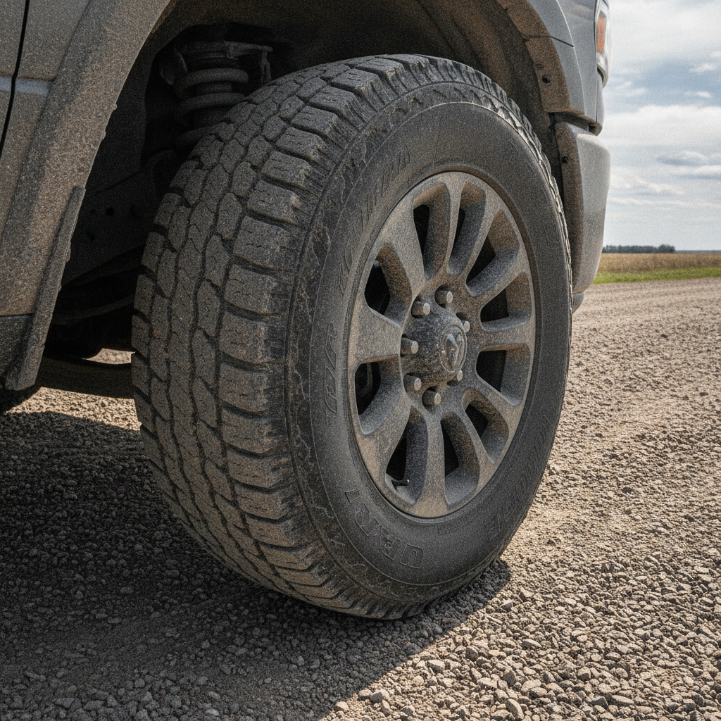 front tire and wheel well of a pickup truck parked on a dusty Manitoba gravel road
