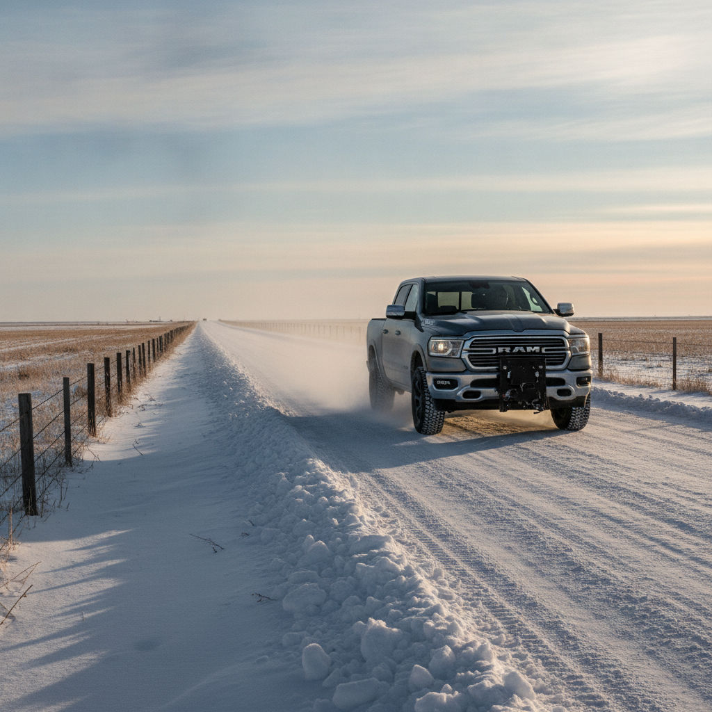 pickup truck on a snow dusted gravel grid road across flat prairie farmland in winter