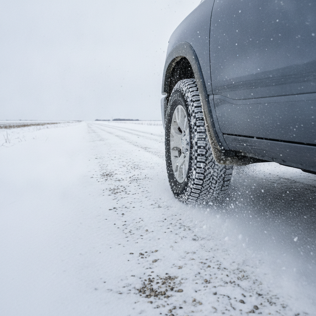 pickup truck tire rolling through fresh snow on a prairie gravel road