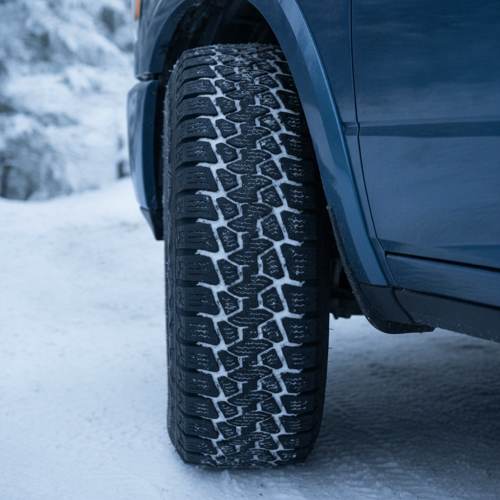 deep winter tire tread on a pickup truck packed with snow showing siping