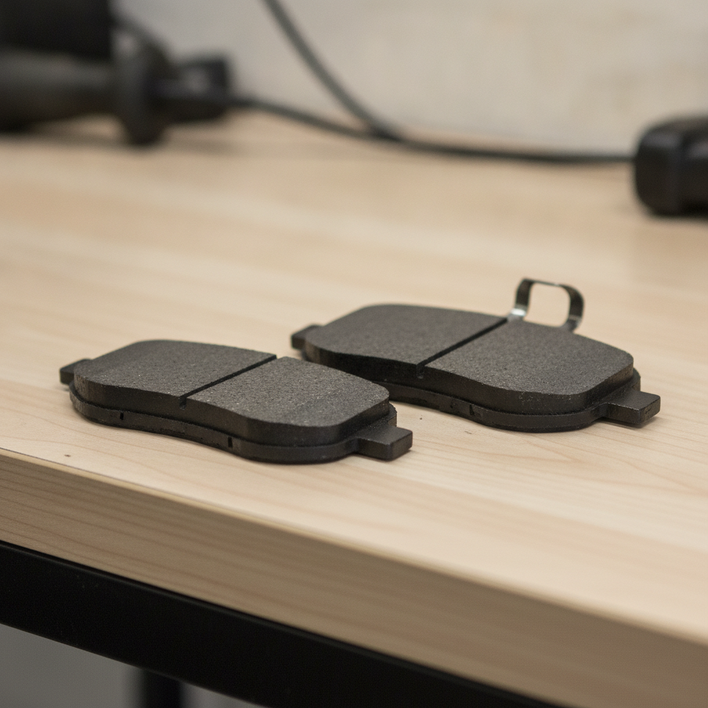 two truck brake pads on a workbench, one fitted with a small steel wear indicator tab