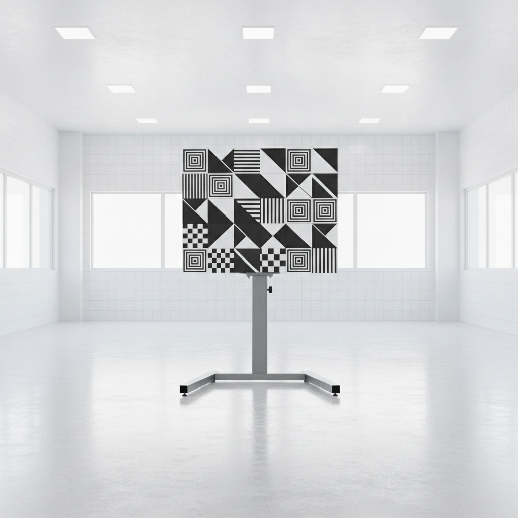 ADAS calibration target board on a floor stand in a clean level service bay