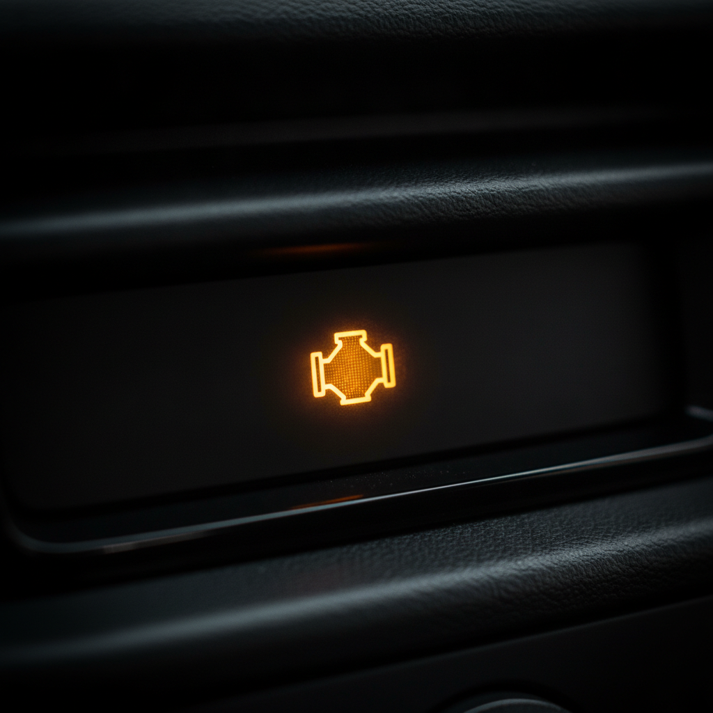 amber engine warning lamp glowing on a dark pickup truck dashboard