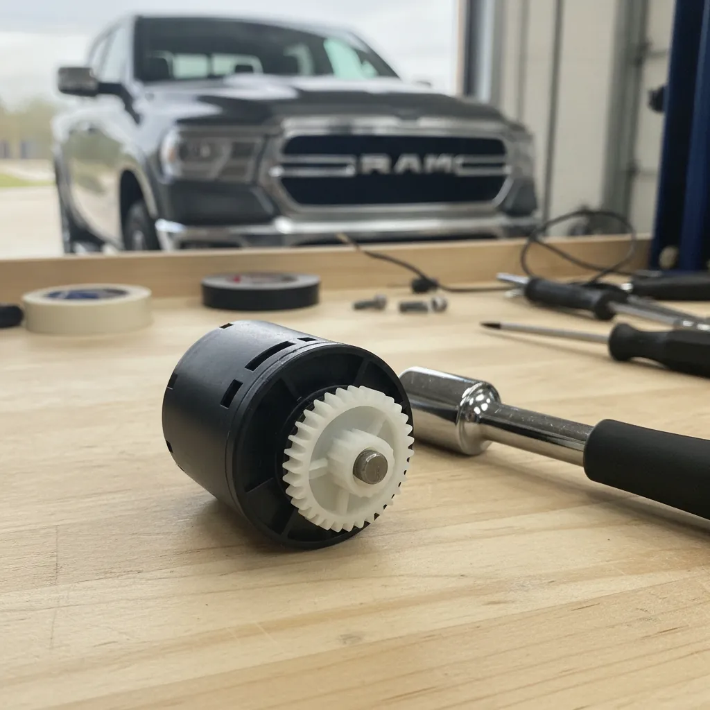 small black plastic blend door actuator motor with a gear on a workbench beside a socket