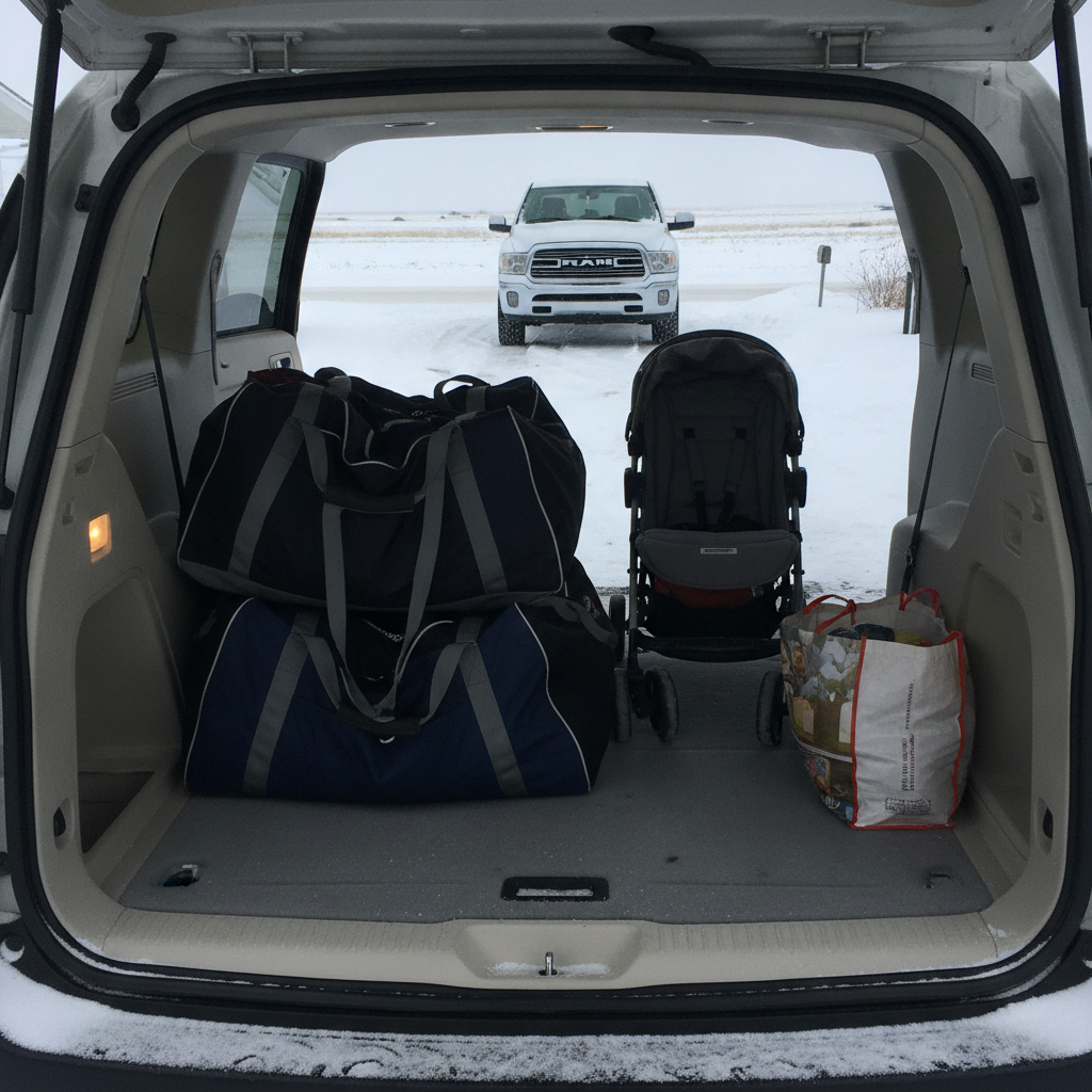 open rear cargo area of a minivan loaded with hockey bags and a folded stroller on a snowy winter day
