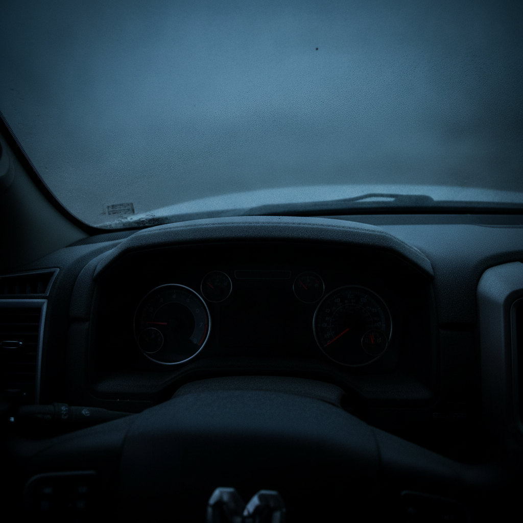dark pickup instrument cluster with frost on the windshield on a frigid winter morning