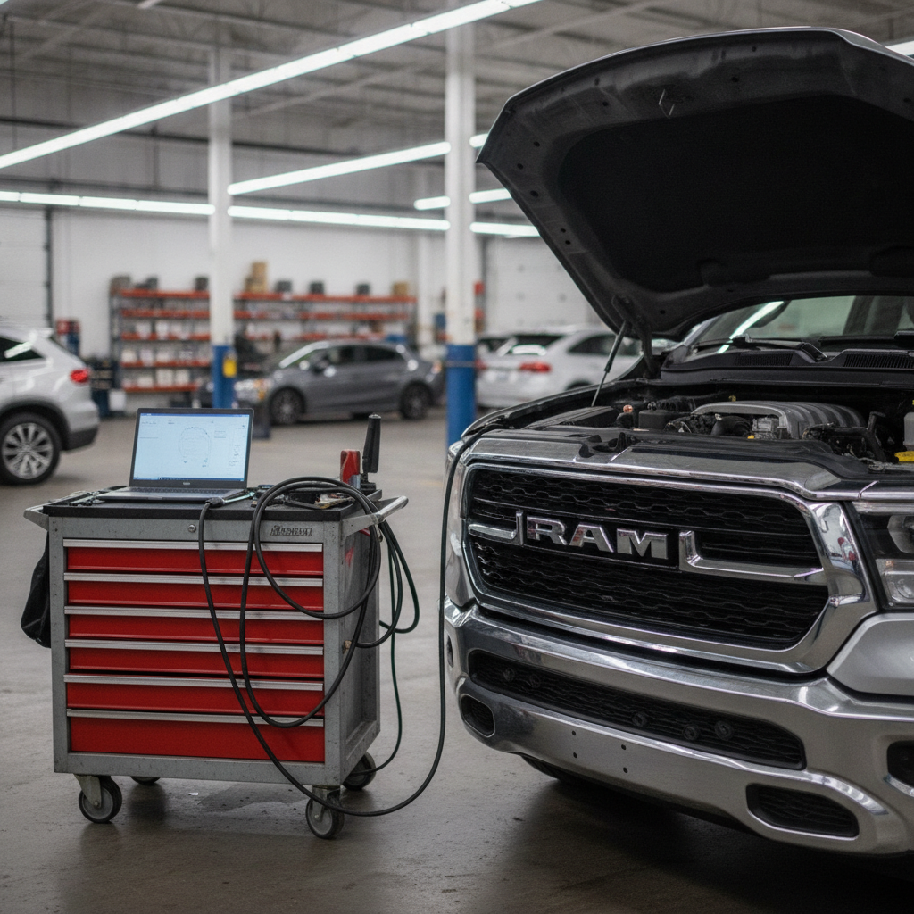 diagnostic laptop open on a rolling shop cart beside an open engine bay