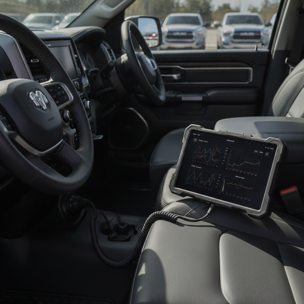 a diagnostic scan tool connected to the port beneath a vehicle dashboard