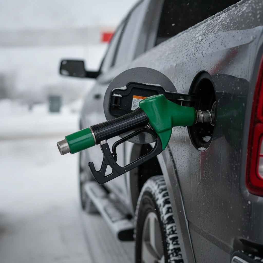 diesel pump nozzle in the fuel filler of a Ram pickup truck at a service station on a snowy day