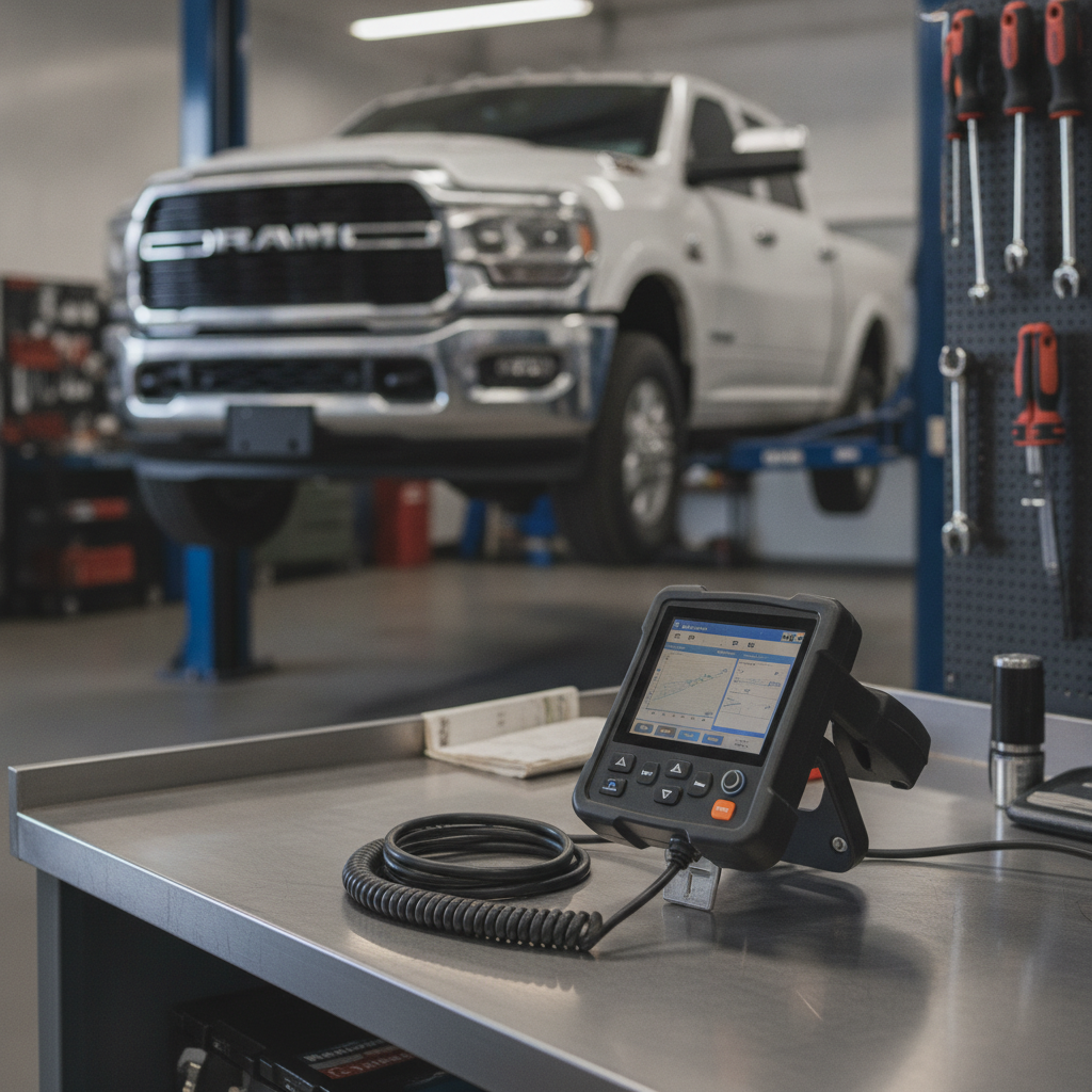 diagnostic scan tool on a workbench in a truck service bay