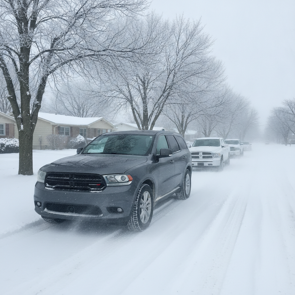 three row SUV on a snow covered residential street during a prairie winter snowfall