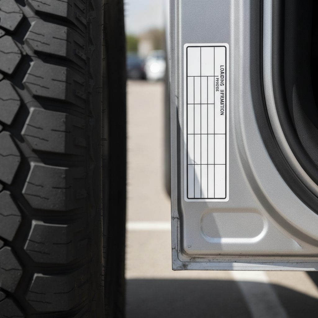 tire and loading information label on the inside of a driver door jamb