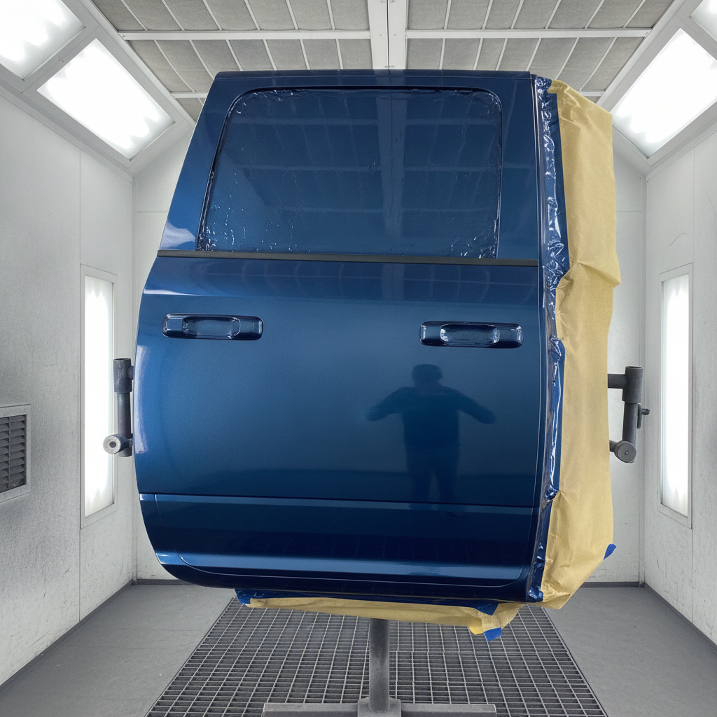 truck door panel with fresh glossy clear coat hanging on a paint stand under bright booth lights