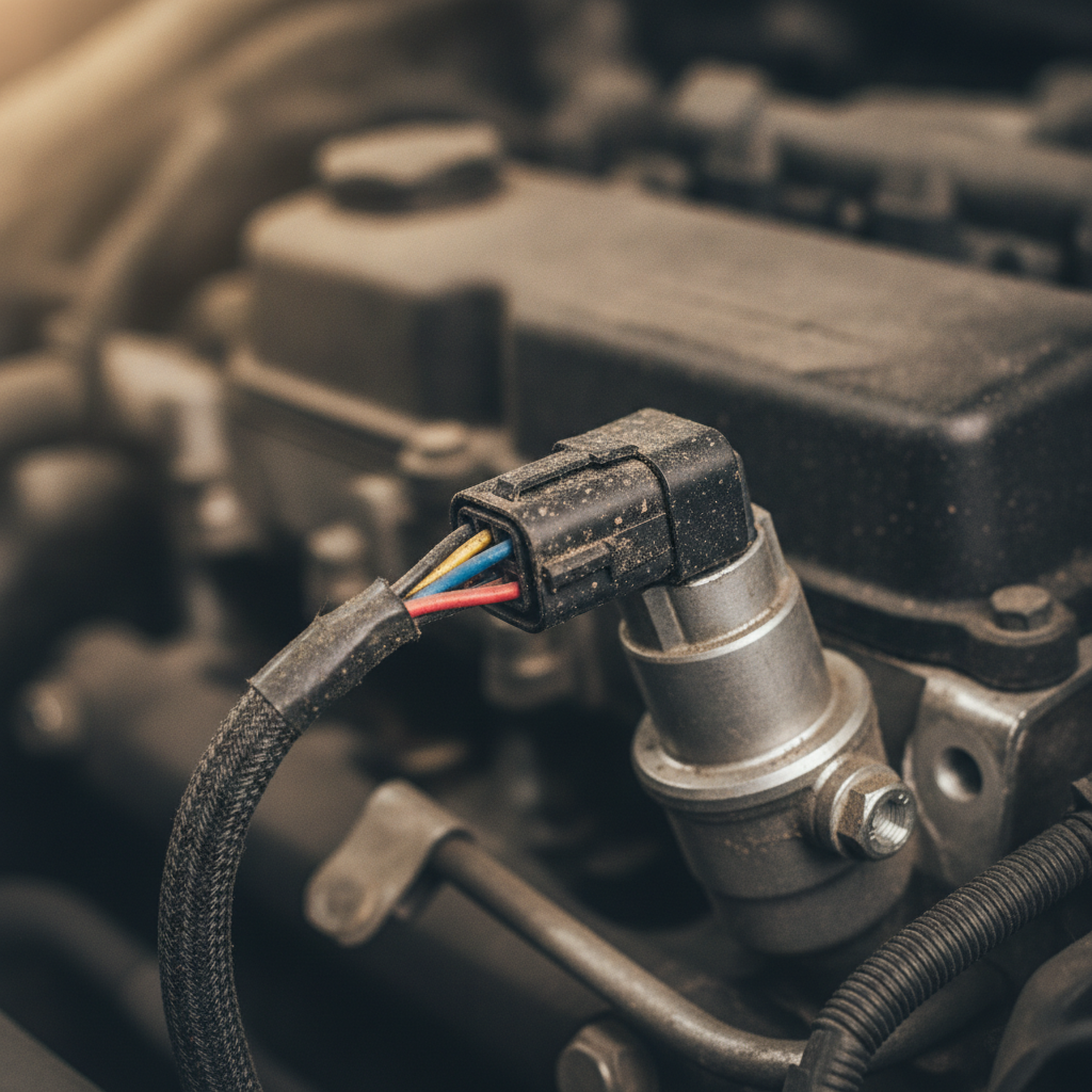 dusty electrical connector plugged into an engine sensor with fine road dust on the wiring