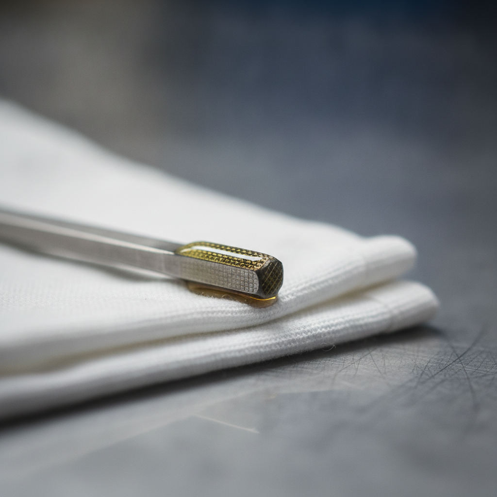 engine oil dipstick tip with a film of amber oil on a shop rag