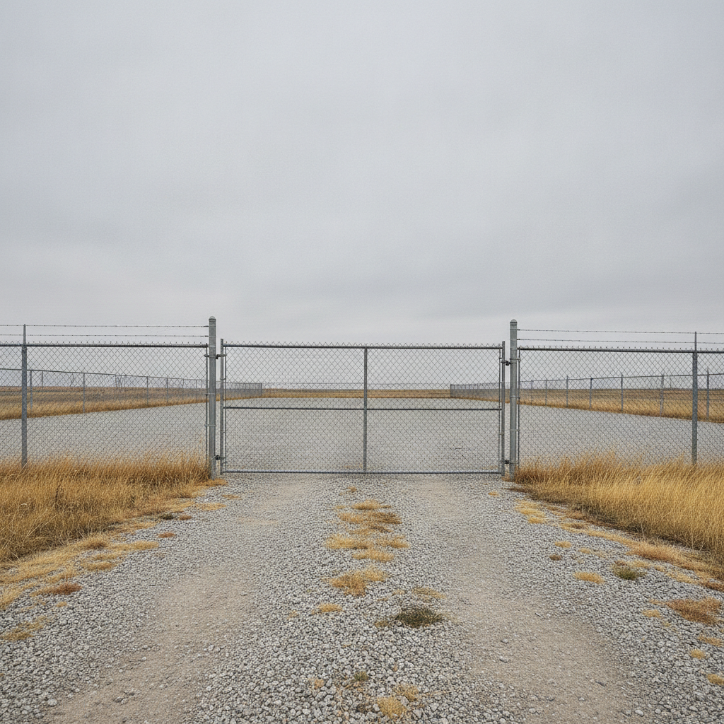 fenced gravel vehicle storage compound with a closed gate under an overcast prairie sky