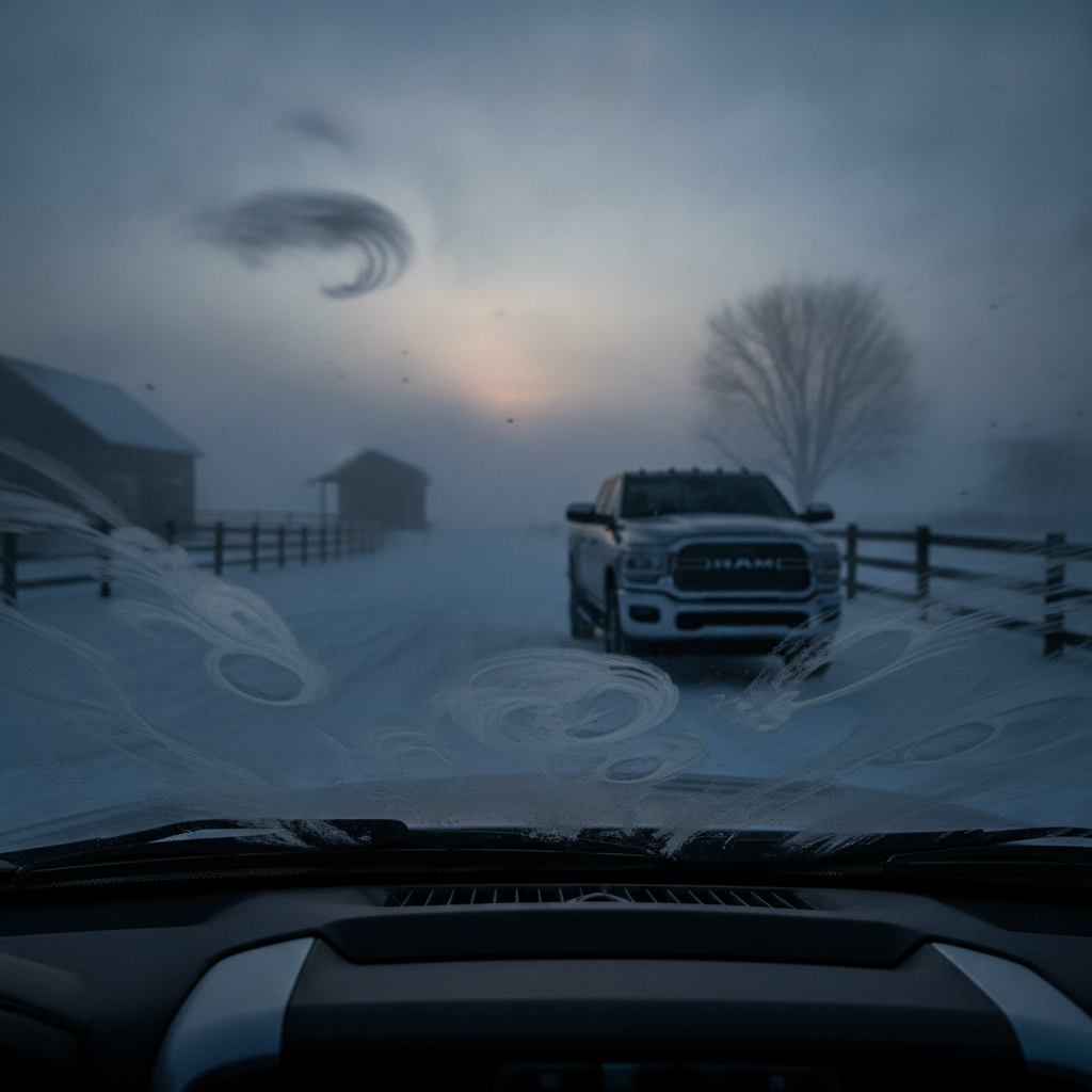 fogged pickup windshield on a winter morning with weak defrost airflow