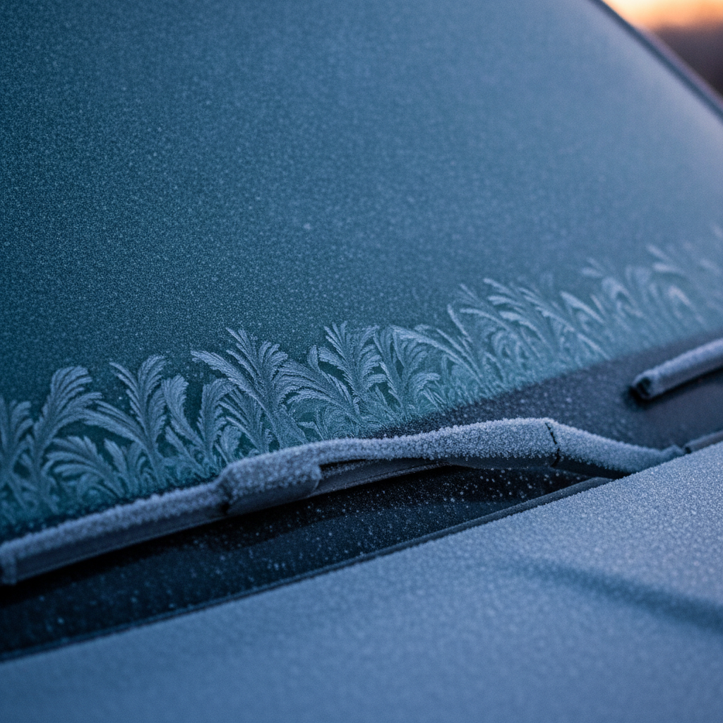 heavily frost covered windshield and wiper blade at dawn in cold blue light