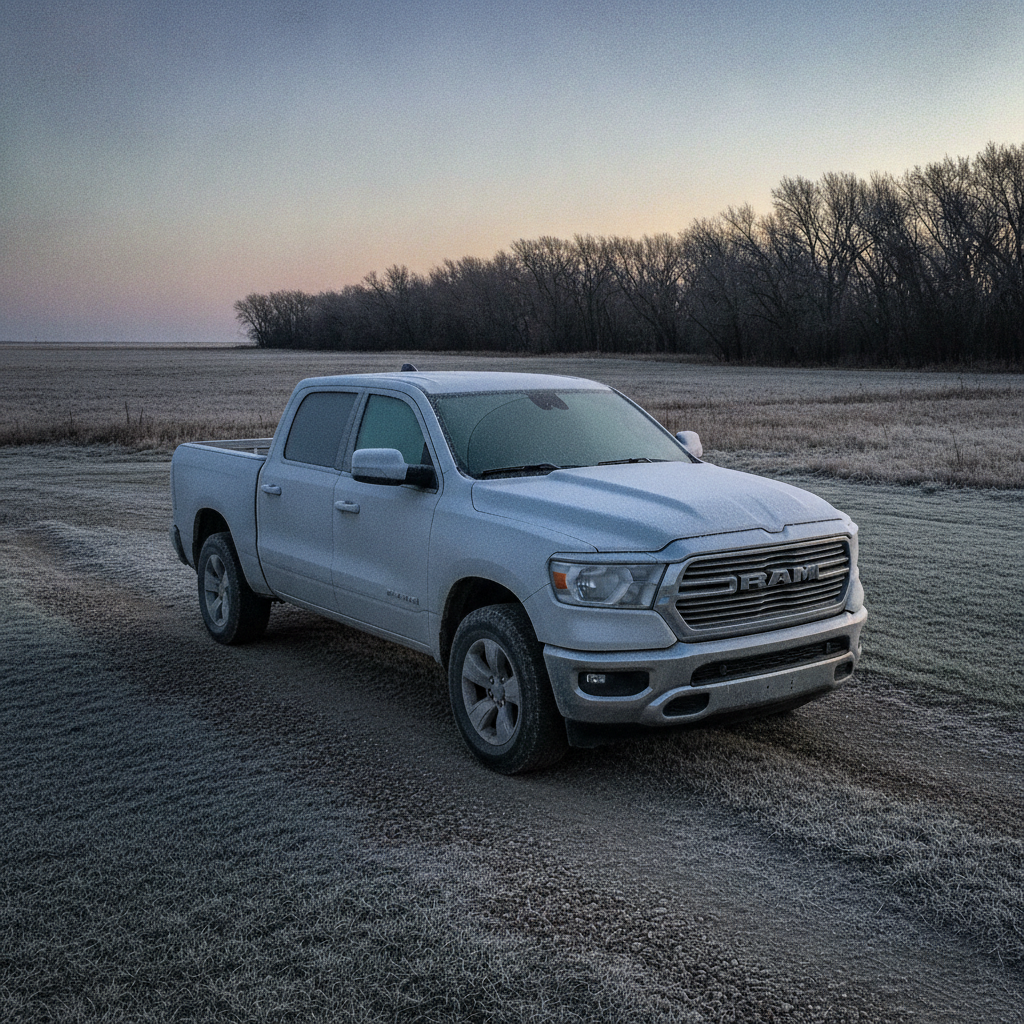 pickup truck covered in morning frost on a gravel driveway on a prairie acreage at dawn