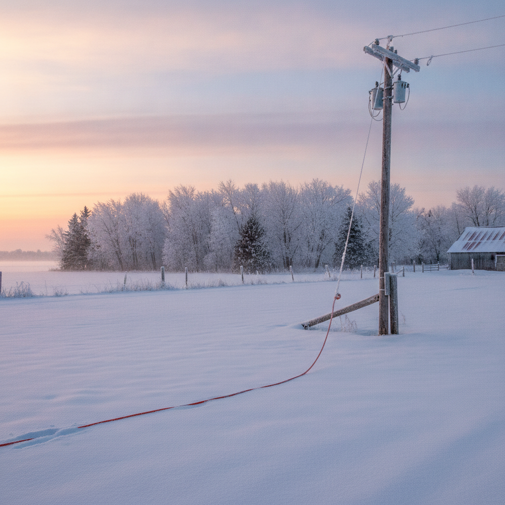 frosty Manitoba farmyard at dawn with a block heater cord across packed snow