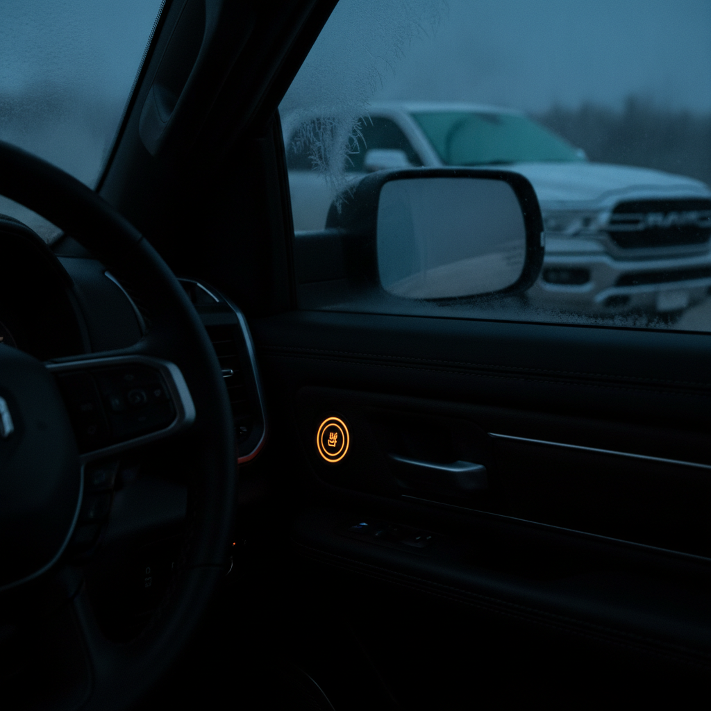 Heated steering wheel and seat controls glowing inside an SUV on a frosty winter morning