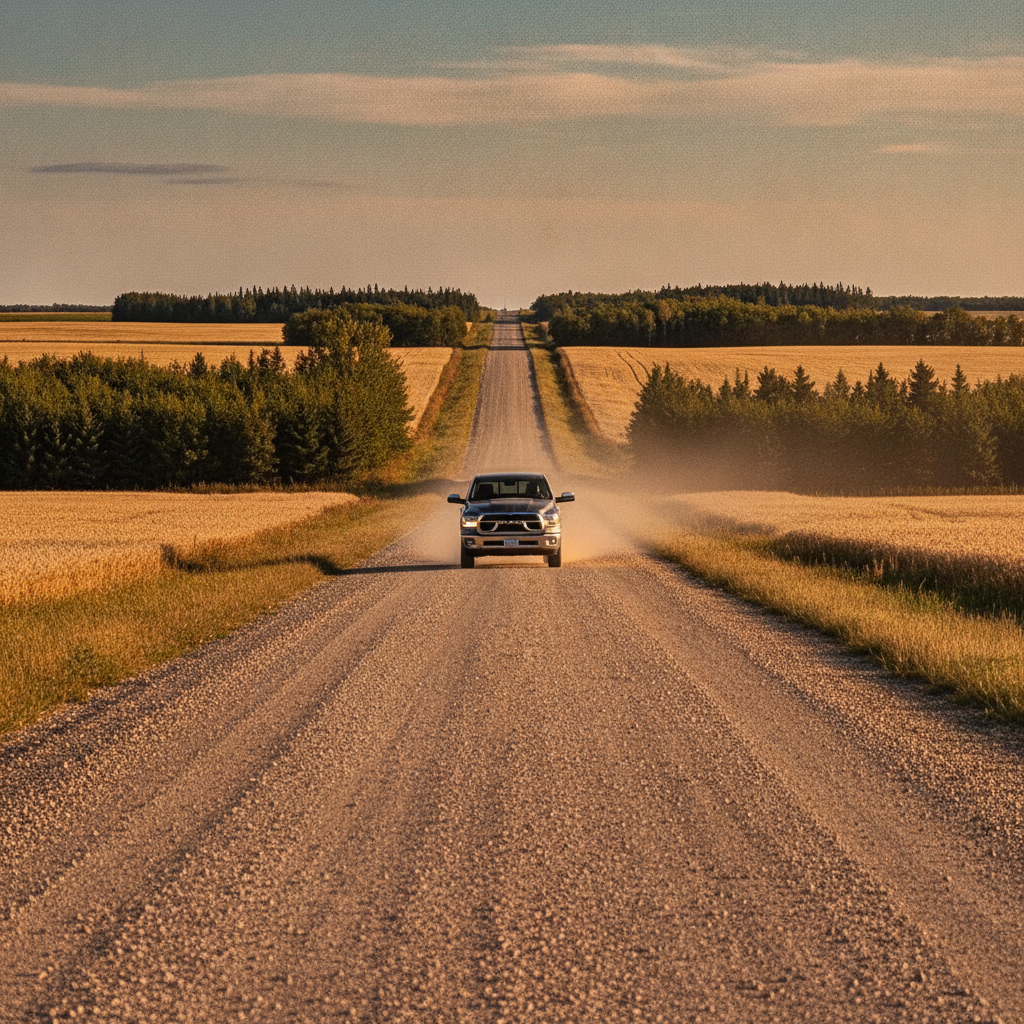 pickup truck on a dusty gravel range road through harvested Manitoba fields