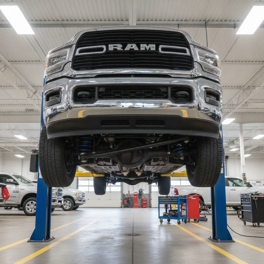 front steering linkage and suspension of a heavy duty pickup seen from below on a service hoist