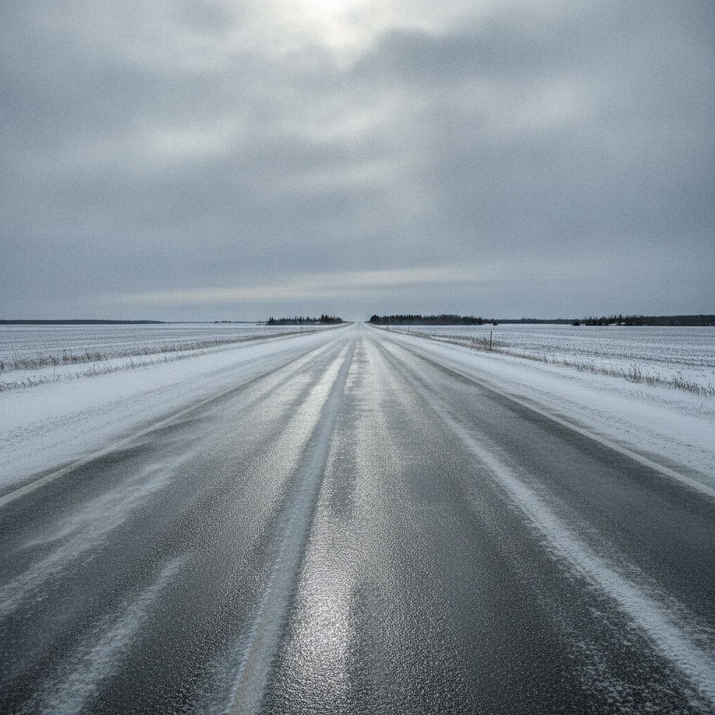 empty two lane Manitoba highway with glare ice and blowing snow in winter