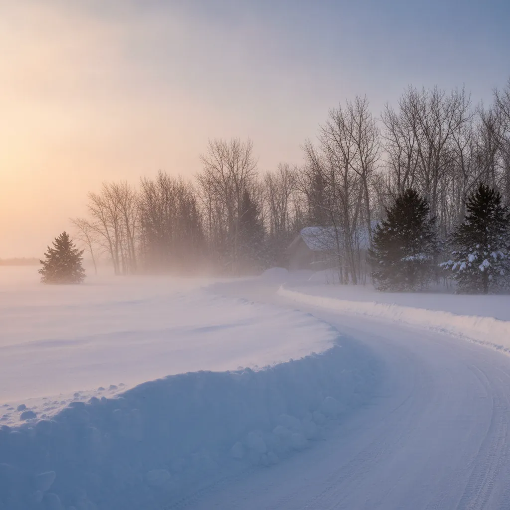 snow covered rural driveway and shelterbelt at dawn on the Manitoba prairie