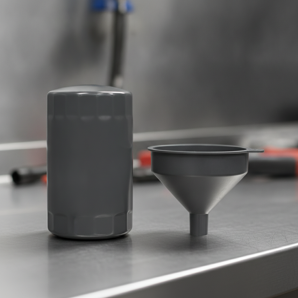 new spin on engine oil filter standing on a steel shop workbench