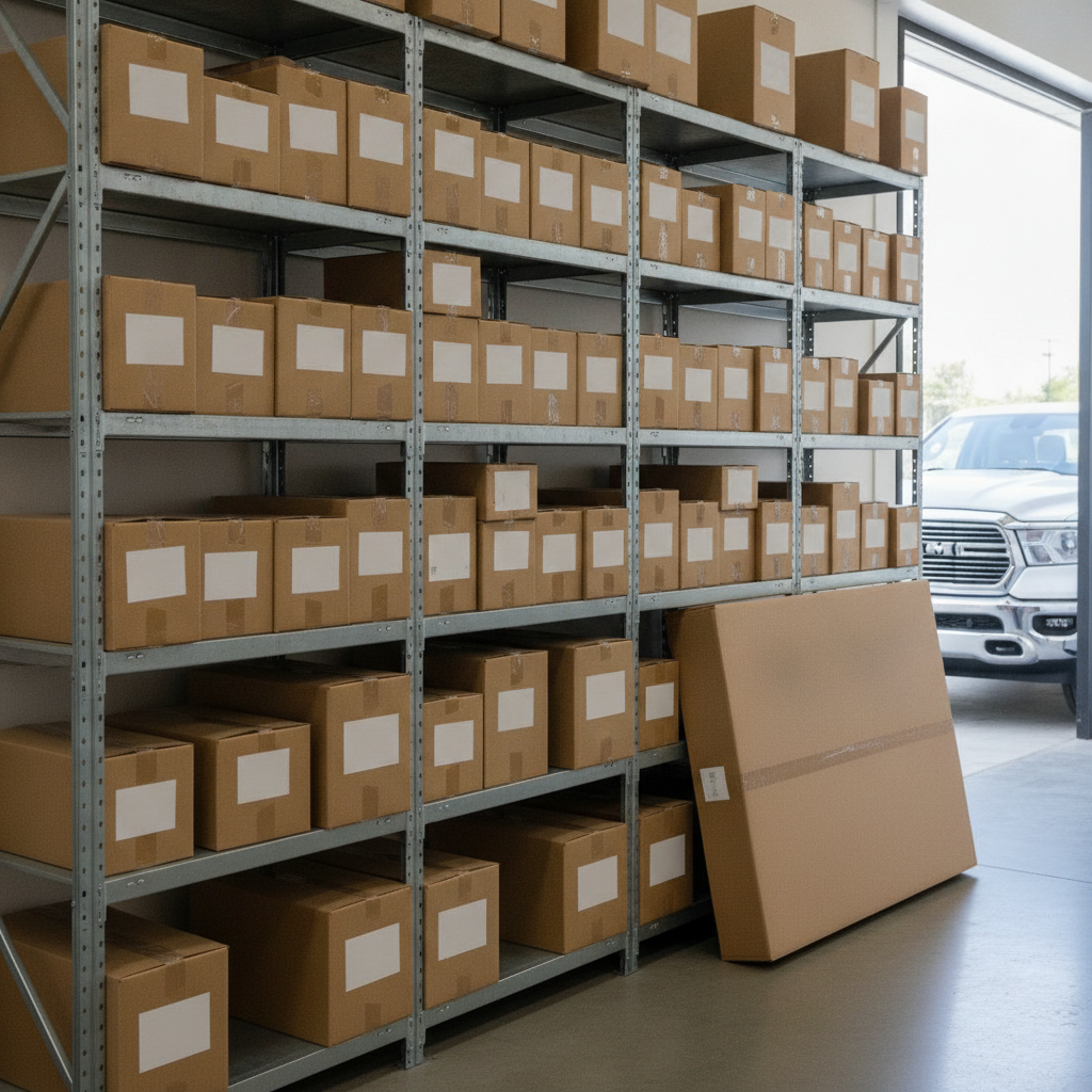 parts department shelving with plain boxed components and a large boxed bumper cover