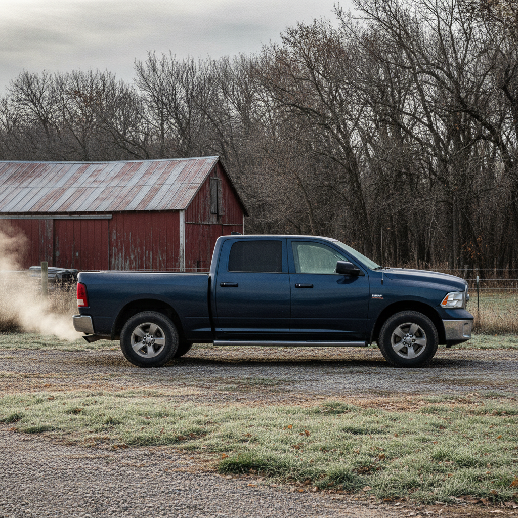 pickup parked in a frosty prairie farmyard on a cold autumn morning