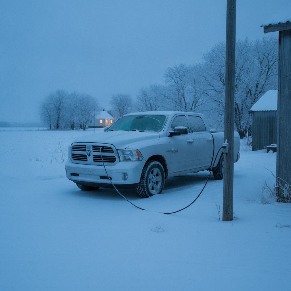 pickup truck parked overnight in a frosty farmyard driveway before dawn