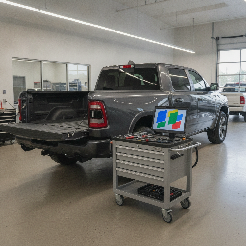 pickup truck with its tailgate lowered in a service bay beside a scan tool on a tool cart