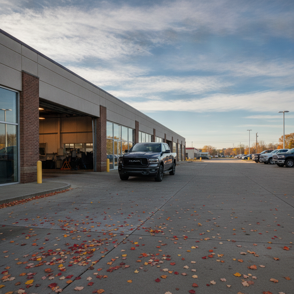 pickup parked at a dealership service entrance on an autumn morning