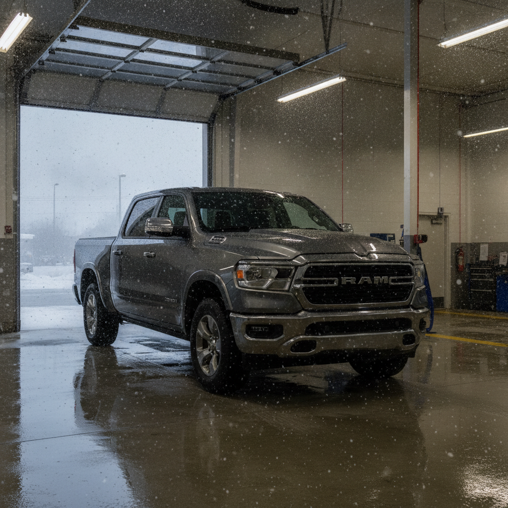 pickup truck in a dealership service drive on a snowy early winter morning